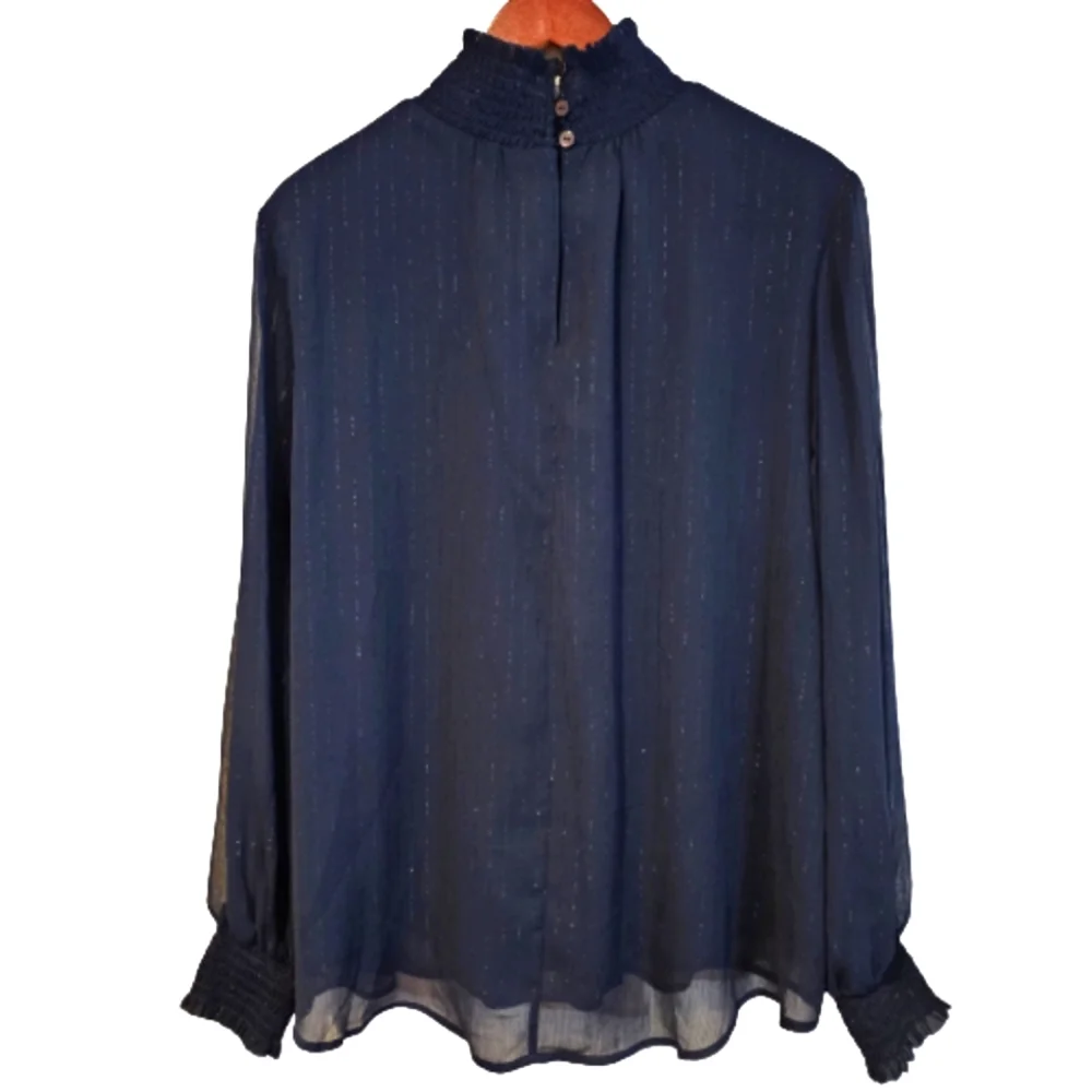 NY Collection Women's Mock Neck Navy Blue Silver Mettalic Stripe Blouse Size XL - Picture 3 of 14